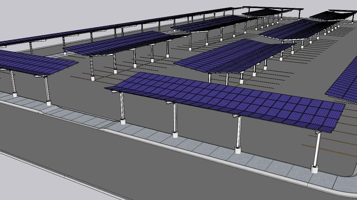 Solar canopy parking lot. 1968 panels, .59 Mw nameplate capacity, 1 Gw/h a year of production.
